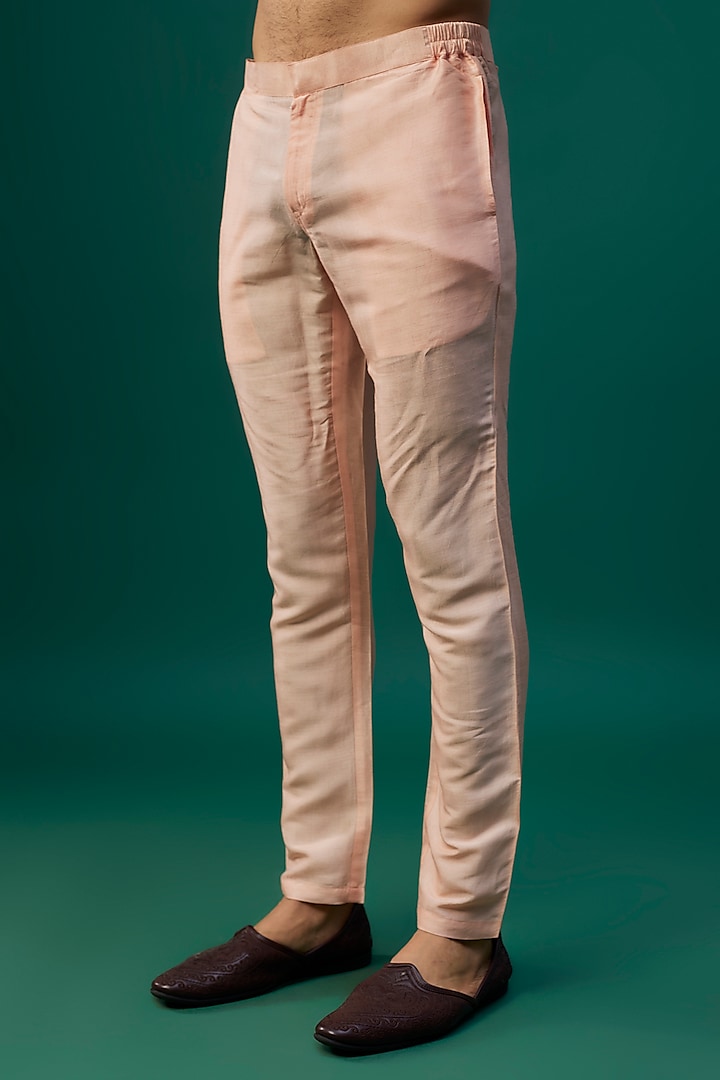 Peach Raw Silk Resham Hand & Machine Embroidered Wedding Indowestern Set by SAMMOHAN at Pernia's Pop Up Shop