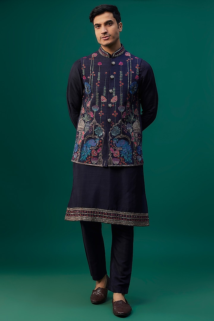 Navy Blue Raw Silk Resham Hand & Machine Embroidered Bundi Jacket Set by SAMMOHAN