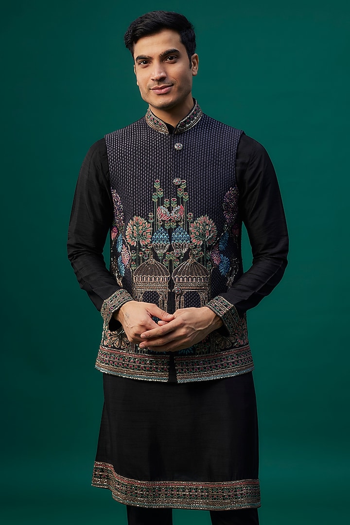 Black Raw Silk Resham Hand & Machine Embroidered Bundi Jacket Set by SAMMOHAN at Pernia's Pop Up Shop