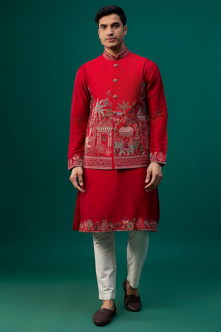 Red Raw Silk Resham Hand & Machine Embroidered Bundi Jacket Set by SAMMOHAN