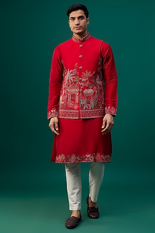 Red Raw Silk Resham Hand & Machine Embroidered Bundi Jacket Set by SAMMOHAN