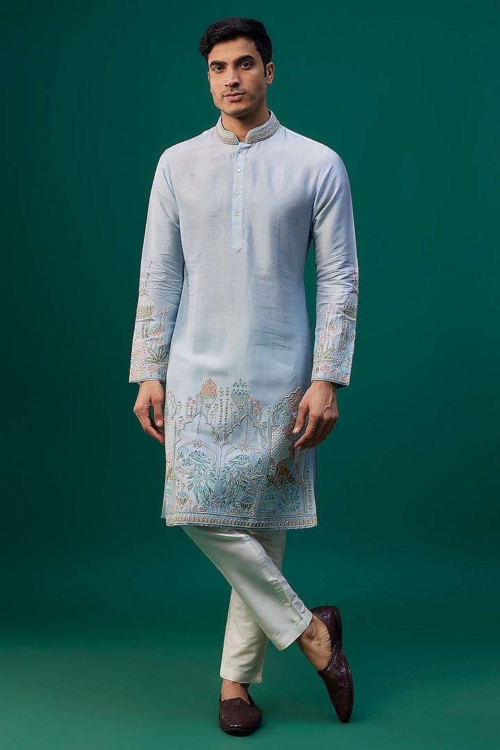 Powder Blue Tussar Resham Hand & Machine Embroidered Kurta Set by SAMMOHAN