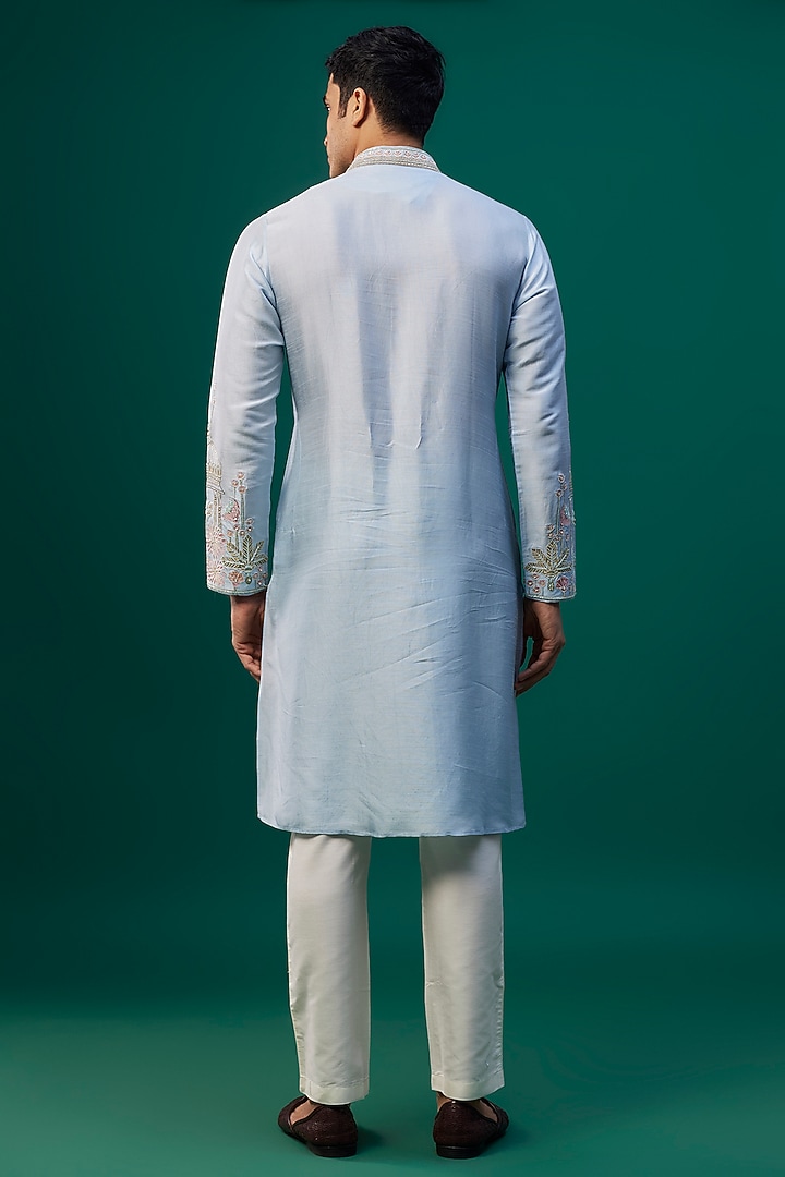 Powder Blue Tussar Resham Hand & Machine Embroidered Kurta Set by SAMMOHAN at Pernia's Pop Up Shop