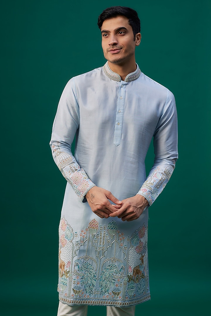 Powder Blue Tussar Resham Hand & Machine Embroidered Kurta Set by SAMMOHAN at Pernia's Pop Up Shop