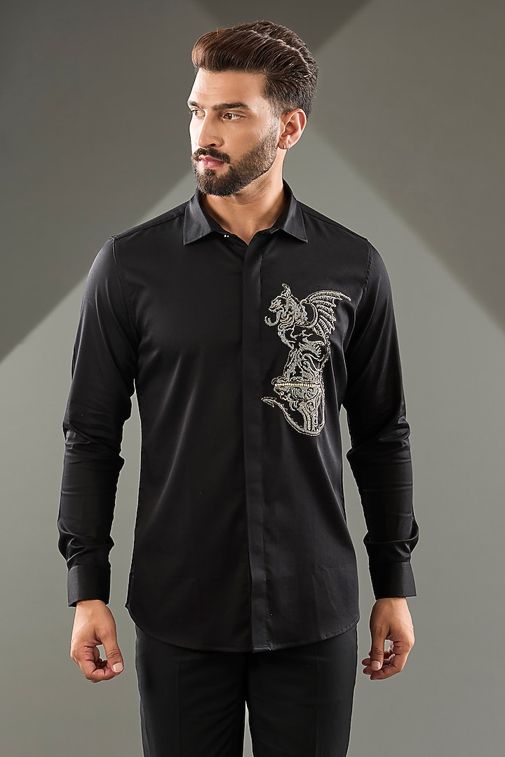 Black Cotton Lycra Cutdana Hand Embroidered Party  start Shirt by SAMMOHAN at Pernia's Pop Up Shop