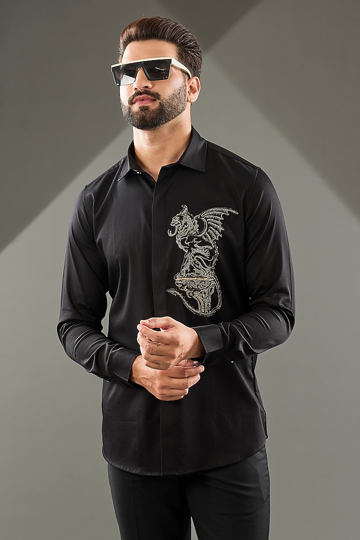 Black Cotton Lycra Cutdana Hand Embroidered Party Wear Shirt by SAMMOHAN at Pernia's Pop Up Shop