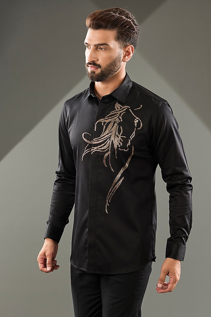 Black Cotton Lycra Cutdana Hand Embroidered Party Wear Shirt by SAMMOHAN at Pernia's Pop Up Shop