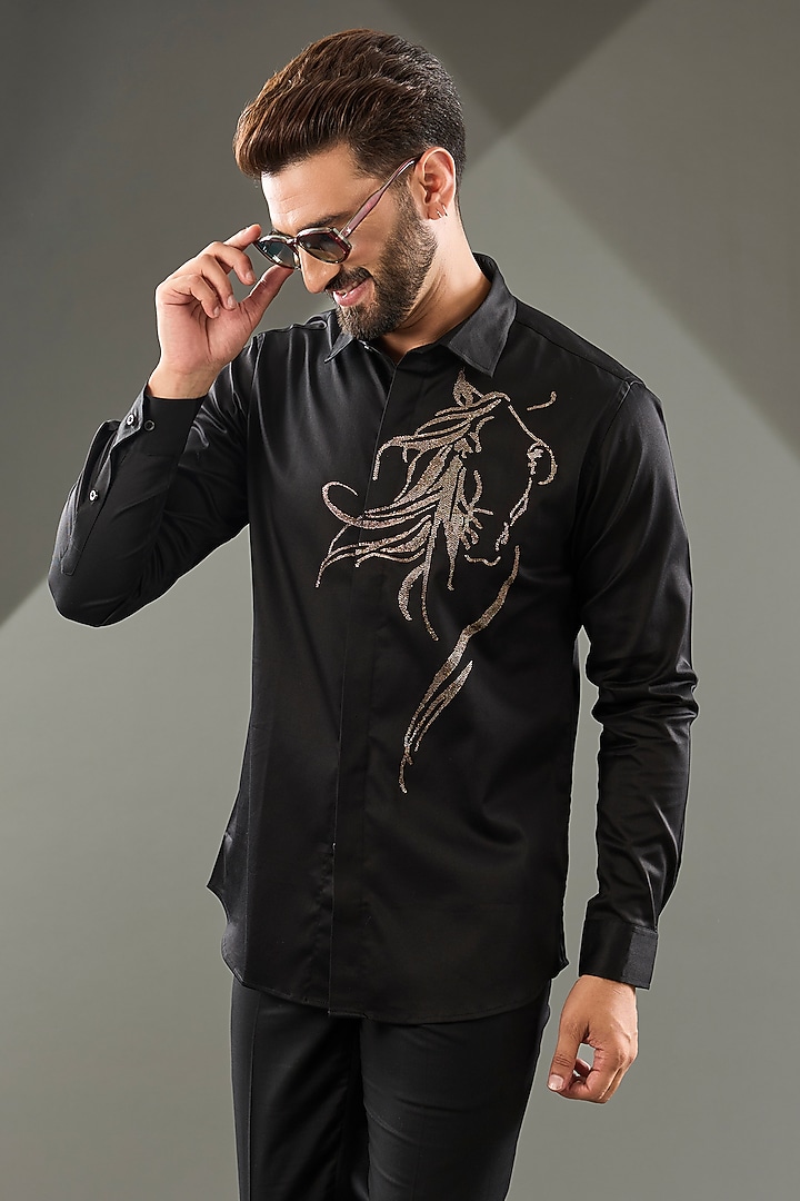 Black Cotton Lycra Cutdana Hand Embroidered Party Wear Shirt by SAMMOHAN at Pernia's Pop Up Shop