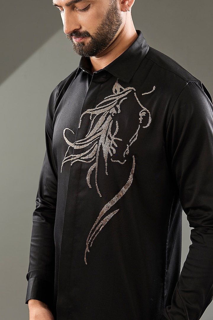 Black Cotton Lycra Cutdana Hand Embroidered Party Wear Shirt by SAMMOHAN at Pernia's Pop Up Shop
