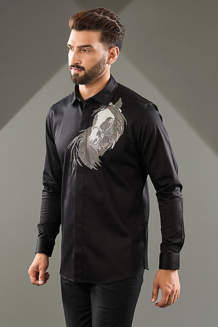 Black Cotton Lycra Cutdana Hand Embroidered Party Wear Shirt by SAMMOHAN at Pernia's Pop Up Shop
