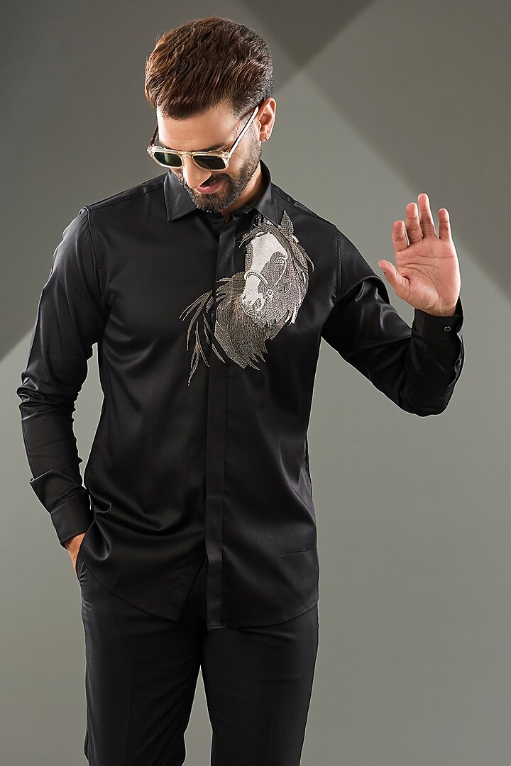 Black Cotton Lycra Cutdana Hand Embroidered Party Wear Shirt by SAMMOHAN at Pernia's Pop Up Shop