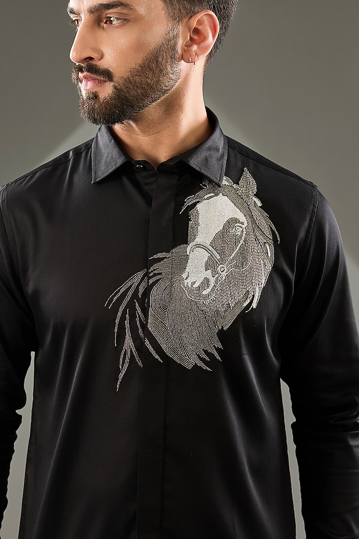 Black Cotton Lycra Cutdana Hand Embroidered Party Wear Shirt by SAMMOHAN at Pernia's Pop Up Shop