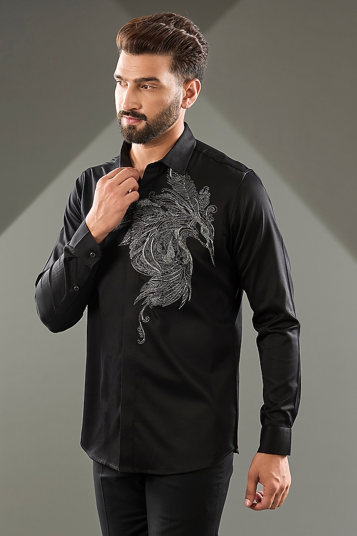 Black Cotton Lycra Cutdana Hand Embroidered Party Wear Shirt by SAMMOHAN at Pernia's Pop Up Shop