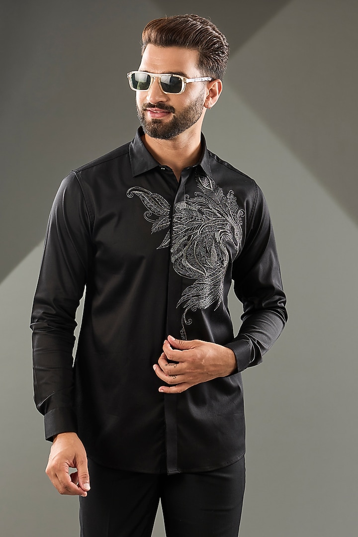 Black Cotton Lycra Cutdana Hand Embroidered Party Wear Shirt by SAMMOHAN at Pernia's Pop Up Shop