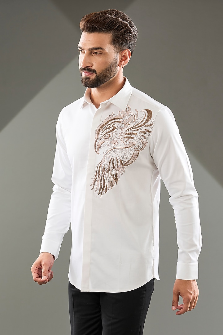 White Cotton Lycra Cutdana Hand Embroidered Party  start Shirt by SAMMOHAN at Pernia's Pop Up Shop