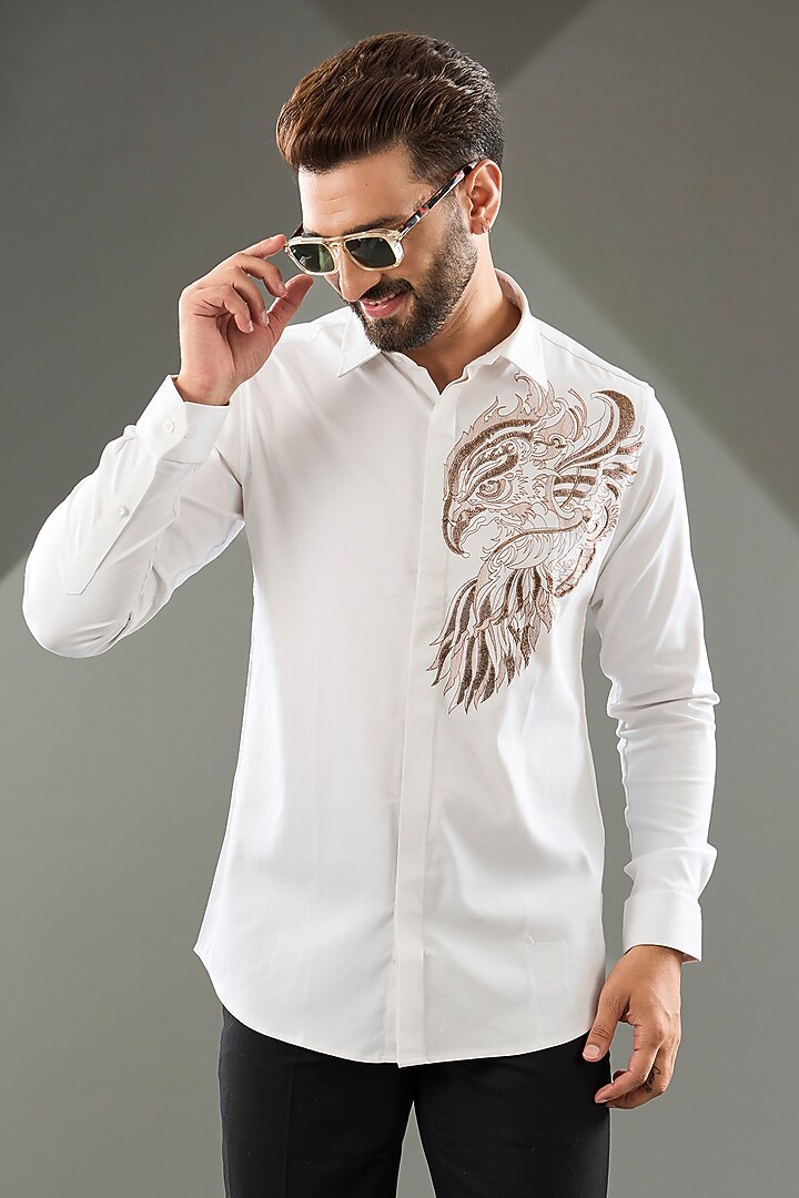 White Cotton Lycra Cutdana Hand Embroidered Party Wear Shirt by SAMMOHAN at Pernia's Pop Up Shop