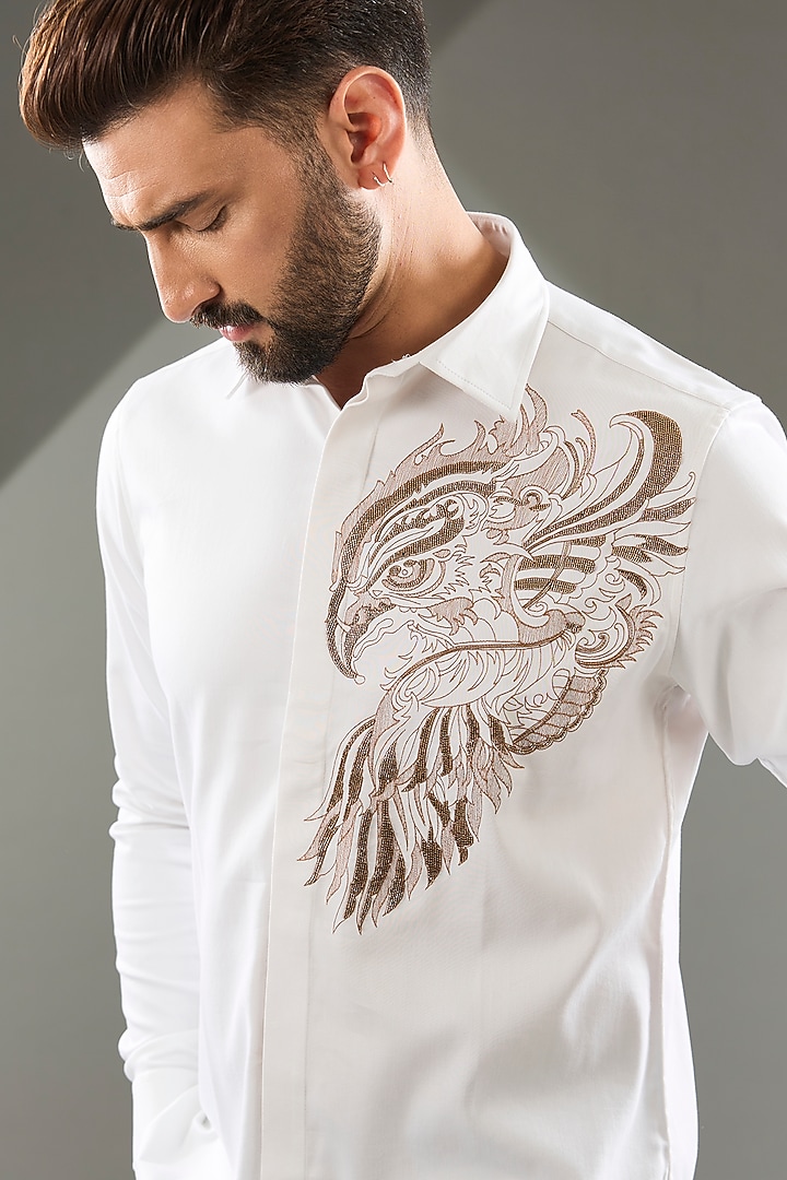 White Cotton Lycra Cutdana Hand Embroidered Party Wear Shirt by SAMMOHAN at Pernia's Pop Up Shop