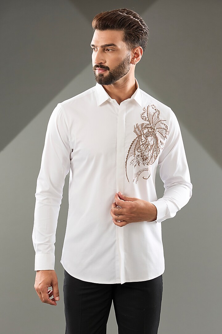 White Cotton Lycra Cutdana Hand Embroidered Party Wear Shirt by SAMMOHAN at Pernia's Pop Up Shop