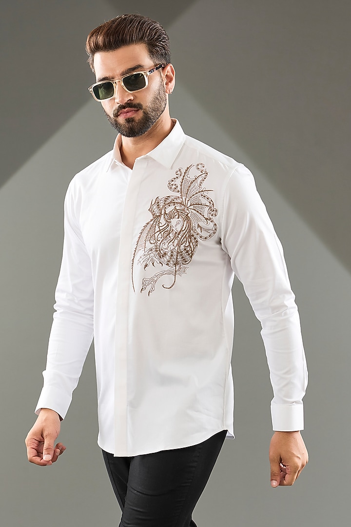 White Cotton Lycra Cutdana Hand Embroidered Party Wear Shirt by SAMMOHAN at Pernia's Pop Up Shop