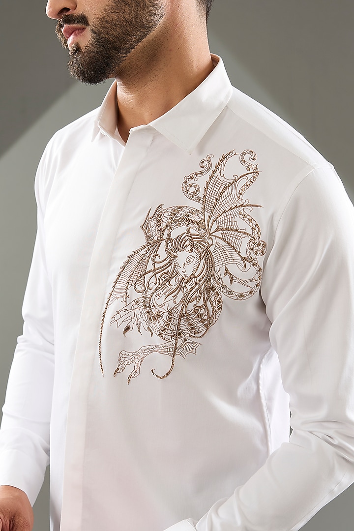 White Cotton Lycra Cutdana Hand Embroidered Party Wear Shirt by SAMMOHAN at Pernia's Pop Up Shop