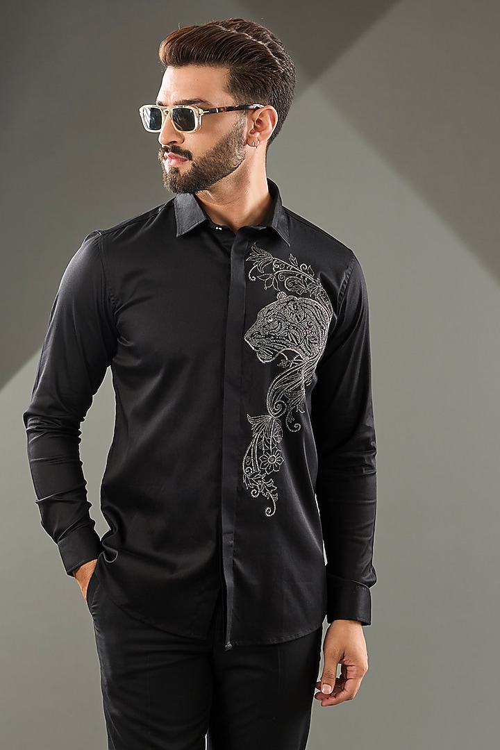 Black Cotton Lycra Cutdana Hand Embroidered Party Wear Shirt by SAMMOHAN at Pernia's Pop Up Shop