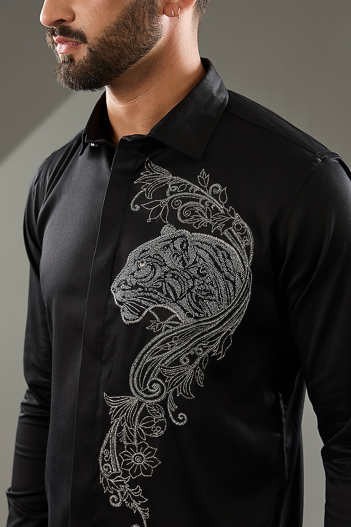 Black Cotton Lycra Cutdana Hand Embroidered Party Wear Shirt by SAMMOHAN at Pernia's Pop Up Shop