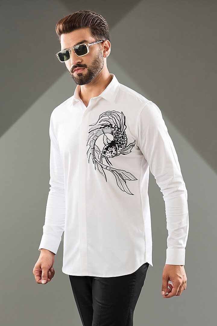 White Cotton Lycra Cutdana Hand Embroidered Party Wear Shirt by SAMMOHAN at Pernia's Pop Up Shop