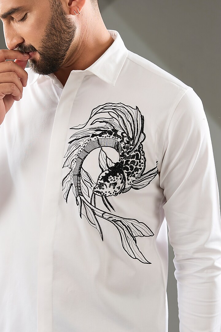 White Cotton Lycra Cutdana Hand Embroidered Party Wear Shirt by SAMMOHAN at Pernia's Pop Up Shop