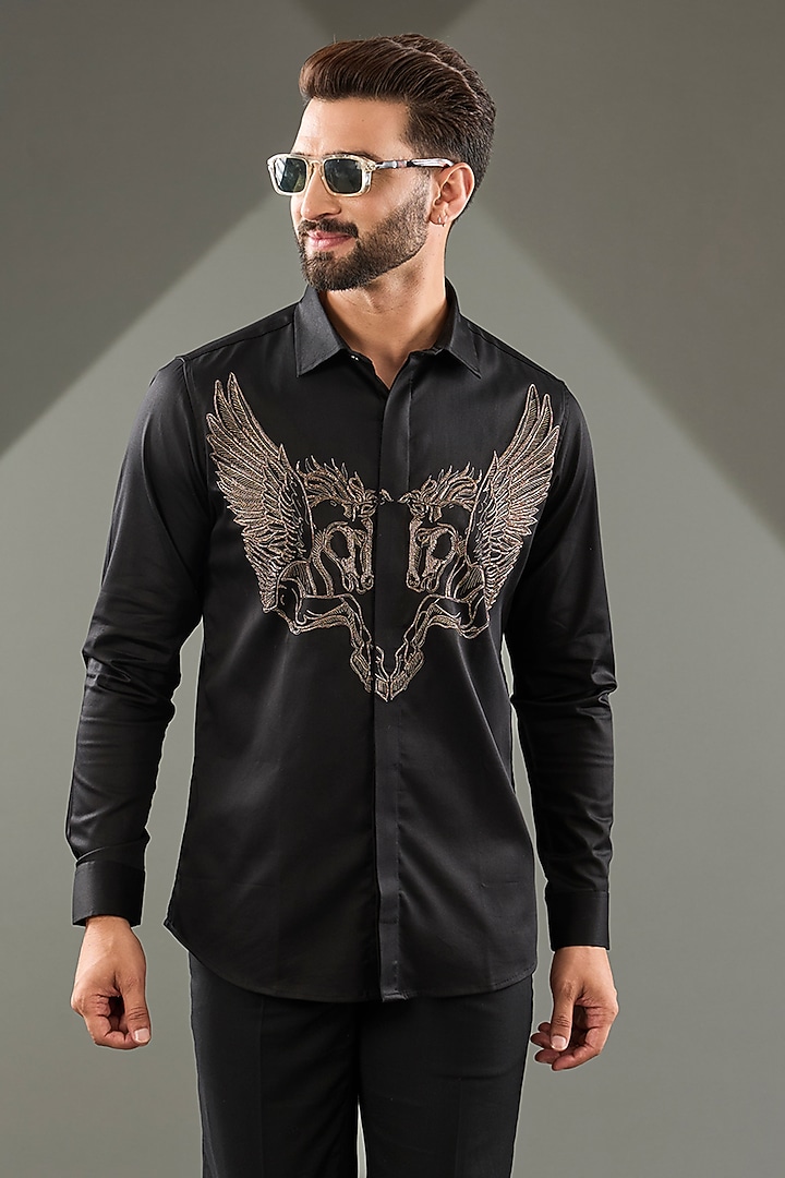 Black Cotton Lycra Cutdana Hand Embroidered Party Wear Shirt by SAMMOHAN at Pernia's Pop Up Shop