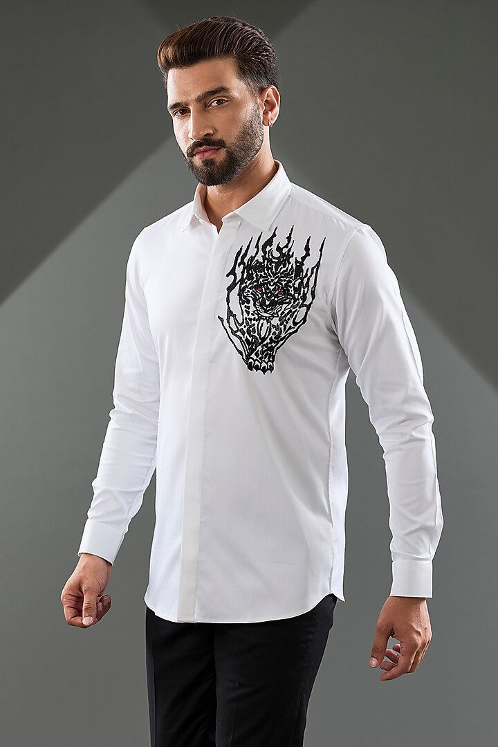 White Cotton Lycra Cutdana Hand Embroidered Party Wear Shirt by SAMMOHAN at Pernia's Pop Up Shop