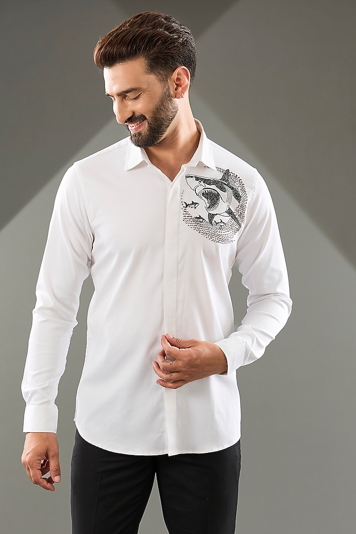 White Cotton Lycra Cutdana Hand Embroidered Party Wear Shirt by SAMMOHAN at Pernia's Pop Up Shop
