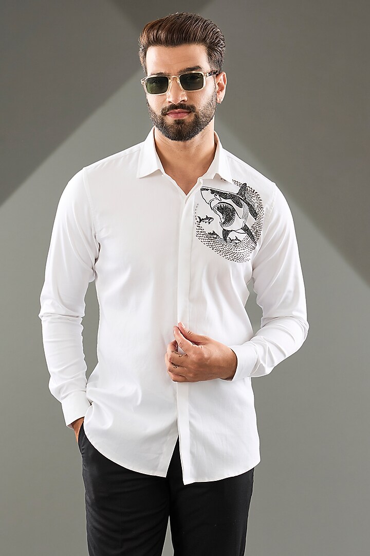 White Cotton Lycra Cutdana Hand Embroidered Party Wear Shirt by SAMMOHAN at Pernia's Pop Up Shop