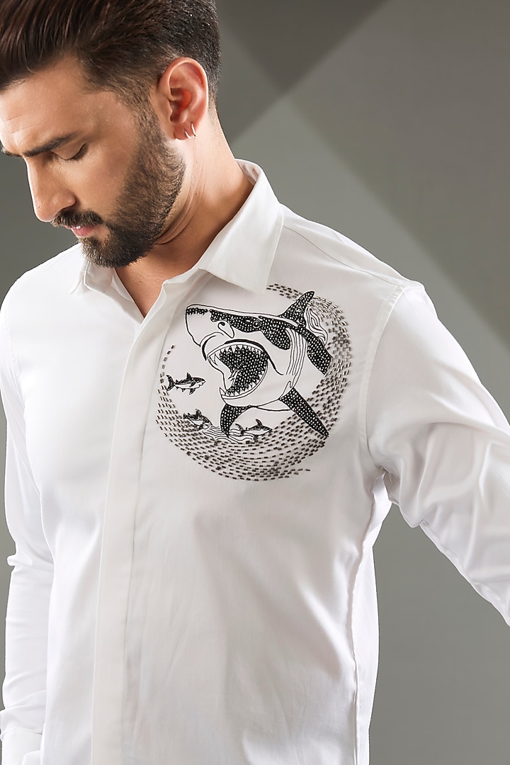 White Cotton Lycra Cutdana Hand Embroidered Party Wear Shirt by SAMMOHAN at Pernia's Pop Up Shop