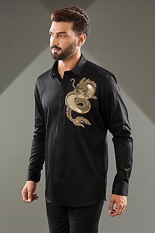 Black Cotton Lycra Cutdana Hand Embroidered Shirt by SAMMOHAN
