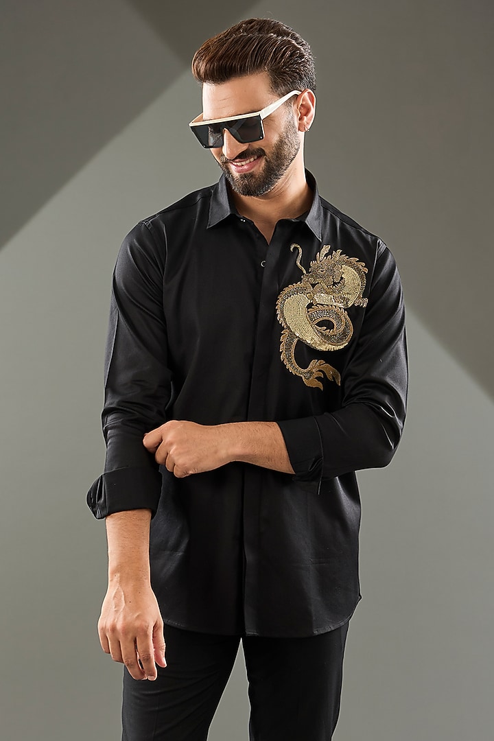 Black Cotton Lycra Cutdana Hand Embroidered Party Wear Shirt by SAMMOHAN at Pernia's Pop Up Shop
