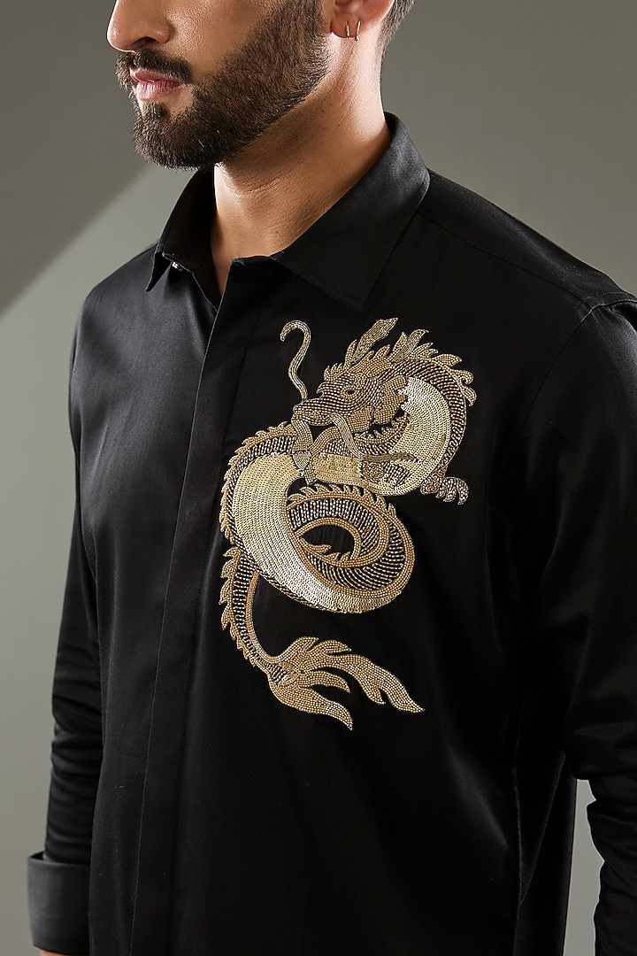 Black Cotton Lycra Cutdana Hand Embroidered Party Wear Shirt by SAMMOHAN at Pernia's Pop Up Shop
