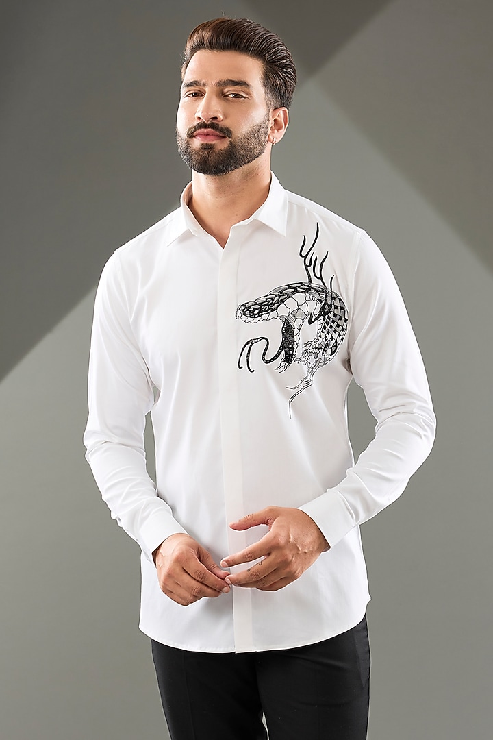 White Cotton Lycra Cutdana Hand Embroidered Party Wear Shirt by SAMMOHAN at Pernia's Pop Up Shop