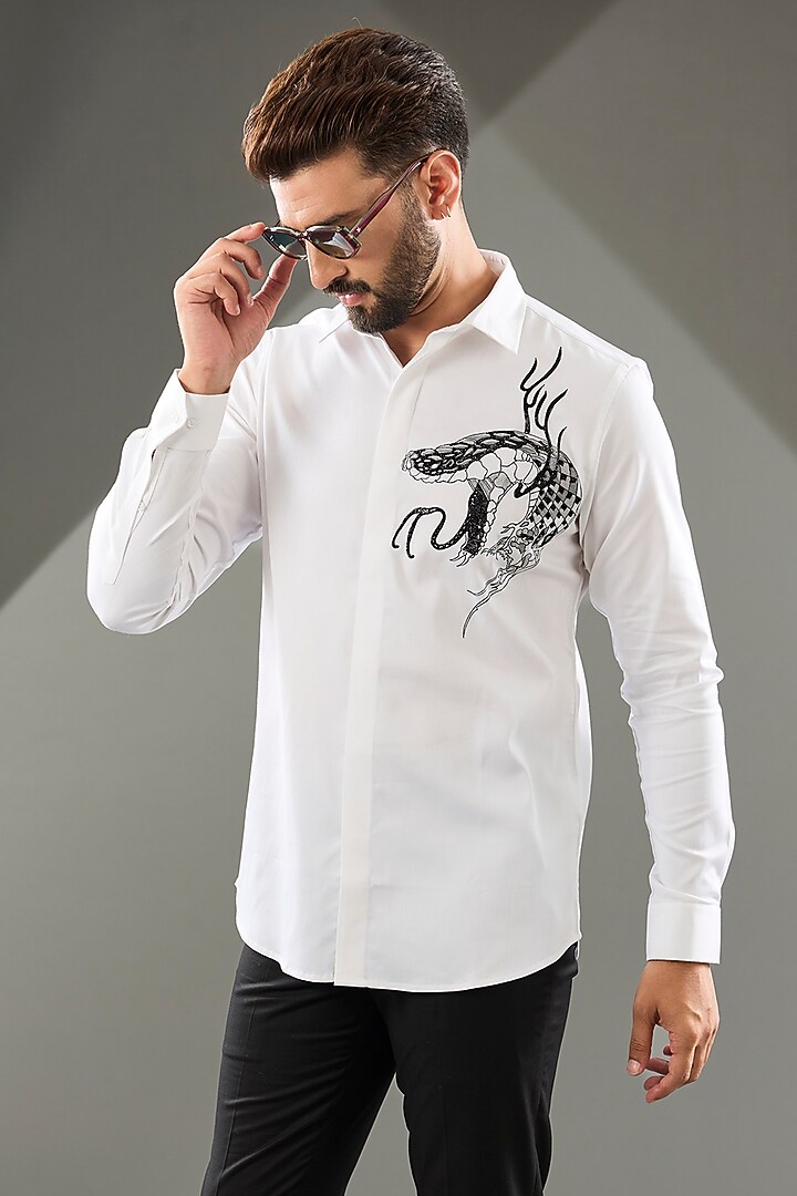 White Cotton Lycra Cutdana Hand Embroidered Party Wear Shirt by SAMMOHAN at Pernia's Pop Up Shop