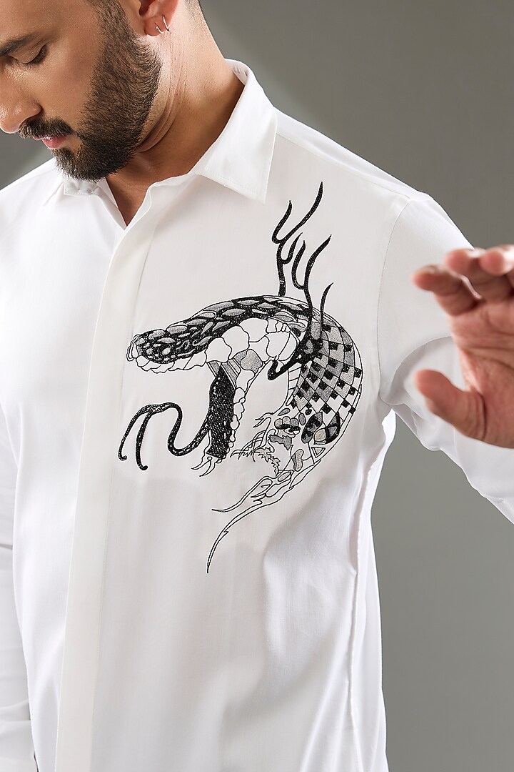 White Cotton Lycra Cutdana Hand Embroidered Party Wear Shirt by SAMMOHAN at Pernia's Pop Up Shop