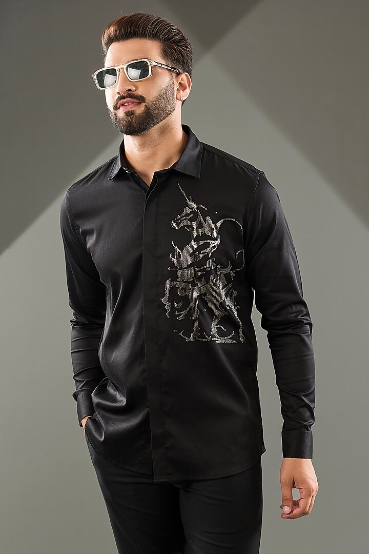 Black Cotton Lycra Cutdana Hand Embroidered Party Wear Shirt by SAMMOHAN at Pernia's Pop Up Shop