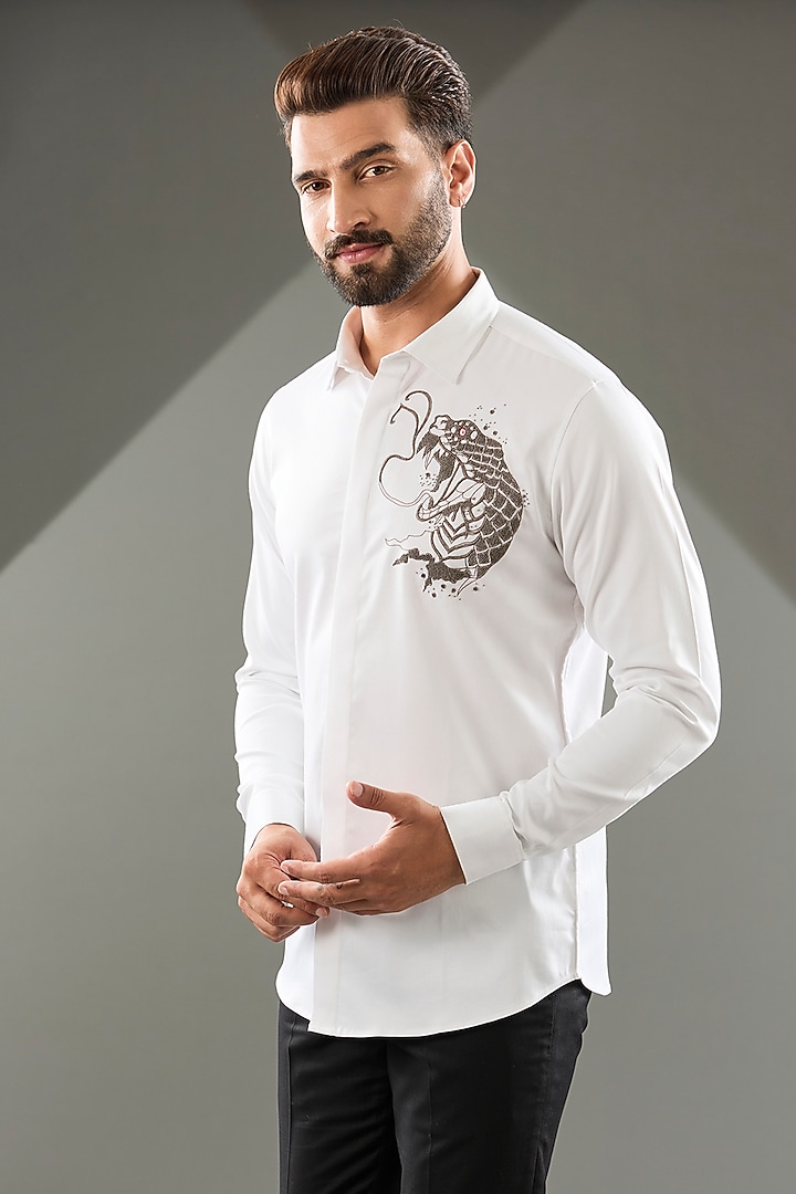 White Cotton Lycra Cutdana Hand Embroidered Party Wear Shirt by SAMMOHAN at Pernia's Pop Up Shop