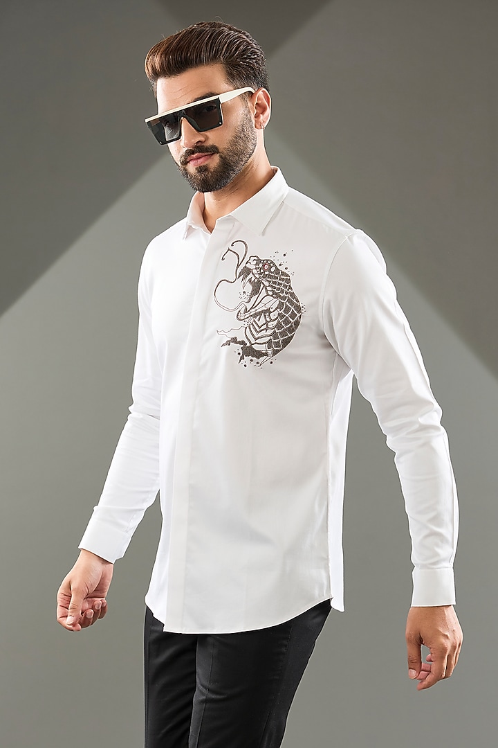 White Cotton Lycra Cutdana Hand Embroidered Party Wear Shirt by SAMMOHAN at Pernia's Pop Up Shop