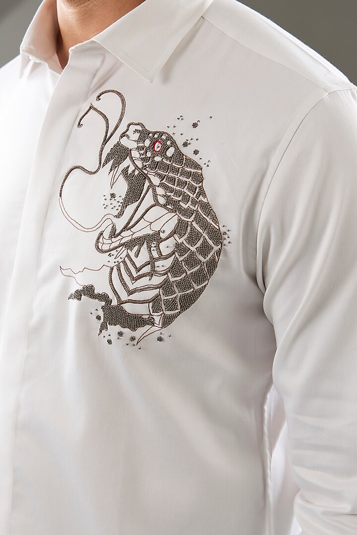White Cotton Lycra Cutdana Hand Embroidered Party Wear Shirt by SAMMOHAN at Pernia's Pop Up Shop