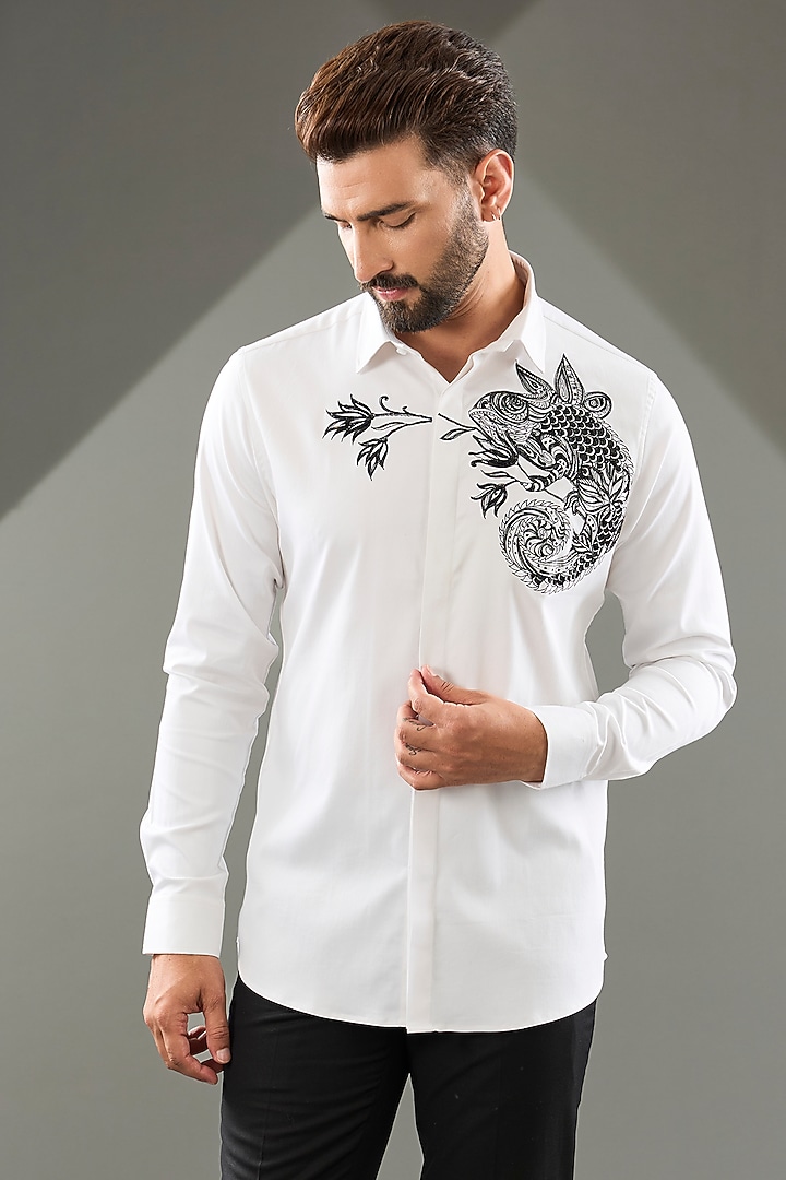 White Cotton Lycra Cutdana Hand Embroidered Party Wear Shirt by SAMMOHAN at Pernia's Pop Up Shop