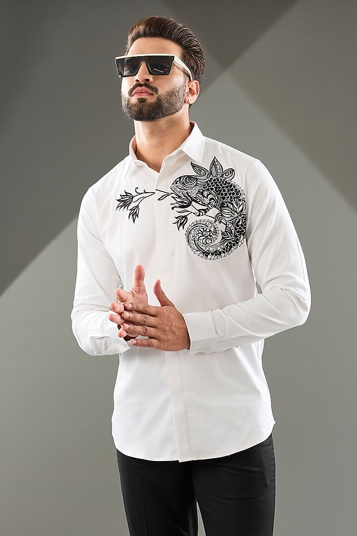 White Cotton Lycra Cutdana Hand Embroidered Party Wear Shirt by SAMMOHAN at Pernia's Pop Up Shop