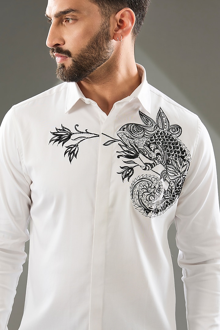 White Cotton Lycra Cutdana Hand Embroidered Party Wear Shirt by SAMMOHAN at Pernia's Pop Up Shop