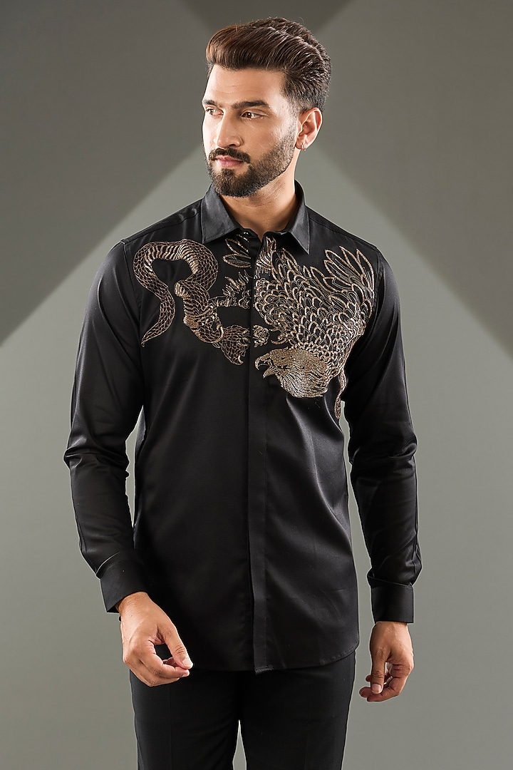 Black Cotton Lycra Cutdana Hand Embroidered Party Wear Shirt by SAMMOHAN at Pernia's Pop Up Shop