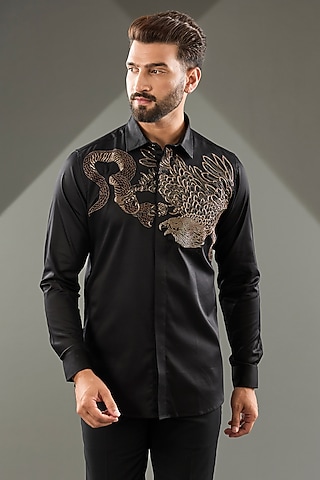 Black Cotton Lycra Cutdana Hand Embroidered Shirt by SAMMOHAN