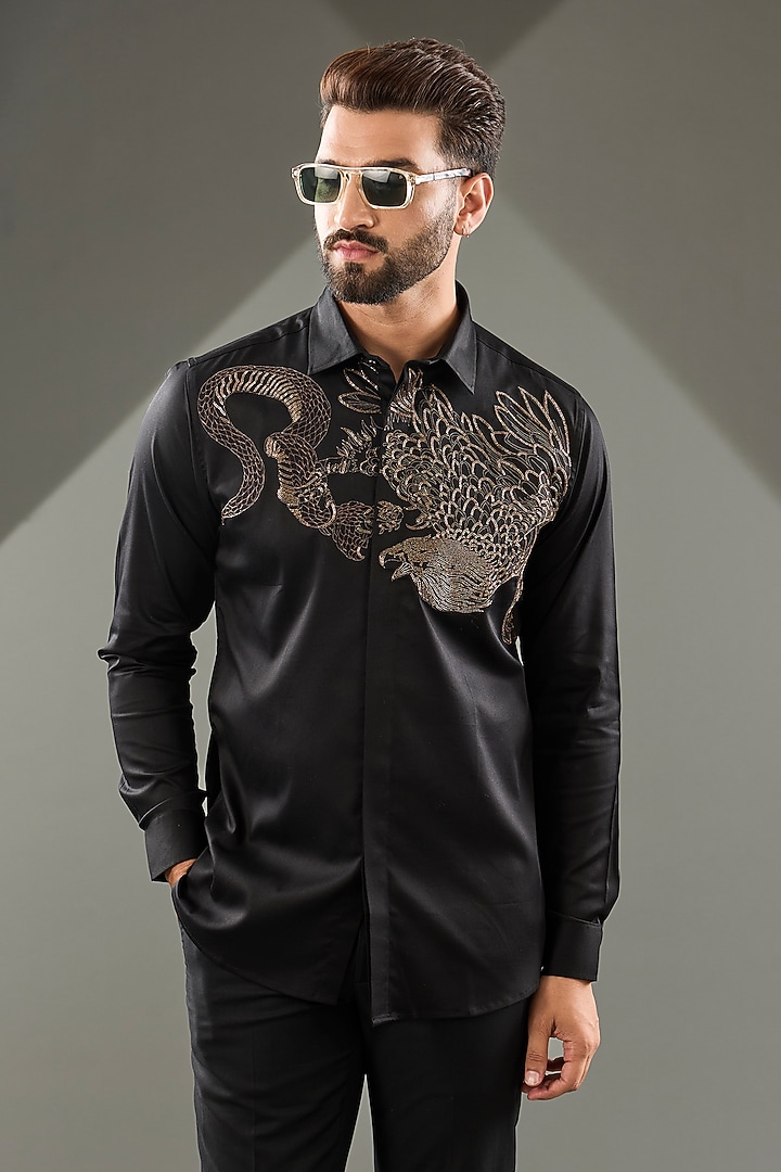 Black Cotton Lycra Cutdana Hand Embroidered Party Wear Shirt by SAMMOHAN at Pernia's Pop Up Shop