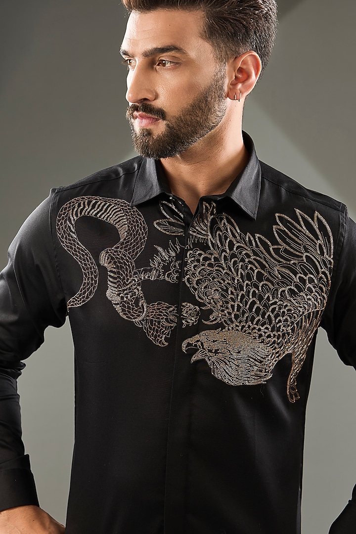 Black Cotton Lycra Cutdana Hand Embroidered Party Wear Shirt by SAMMOHAN at Pernia's Pop Up Shop